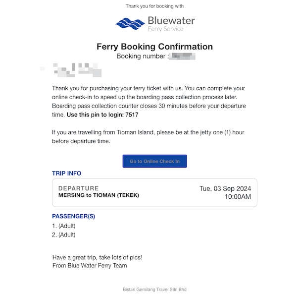 Bluewater Ferry Booking confirmation