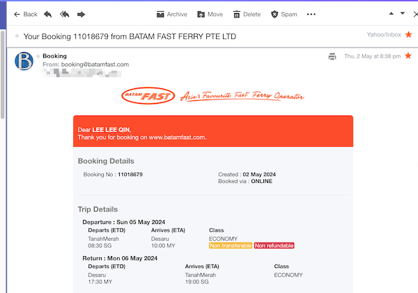 Desaru Ferry Ticket Batamfast Online Booking Email Confirmation