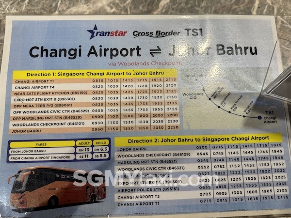 TS1 Bus schedule from Changi T1 to JB