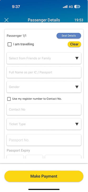 KTM Mobile App Passenger Details