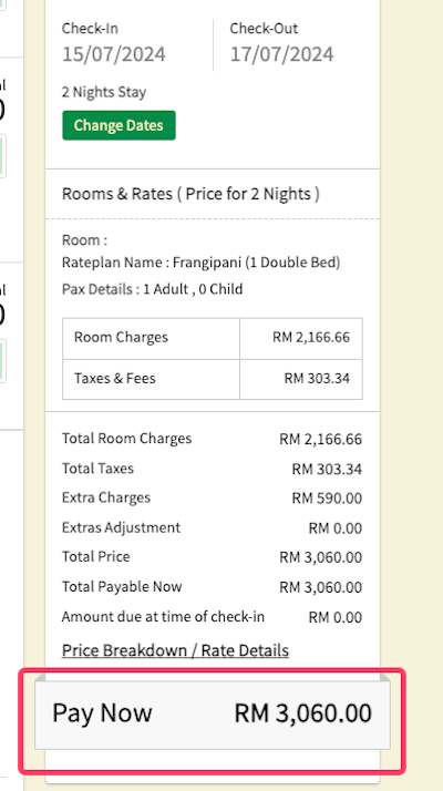 Rawa Island Package Booking Price List Summary