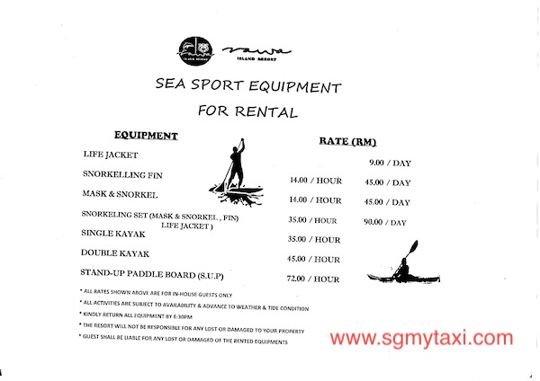 Rawa Island Sea sport equipment rental price list