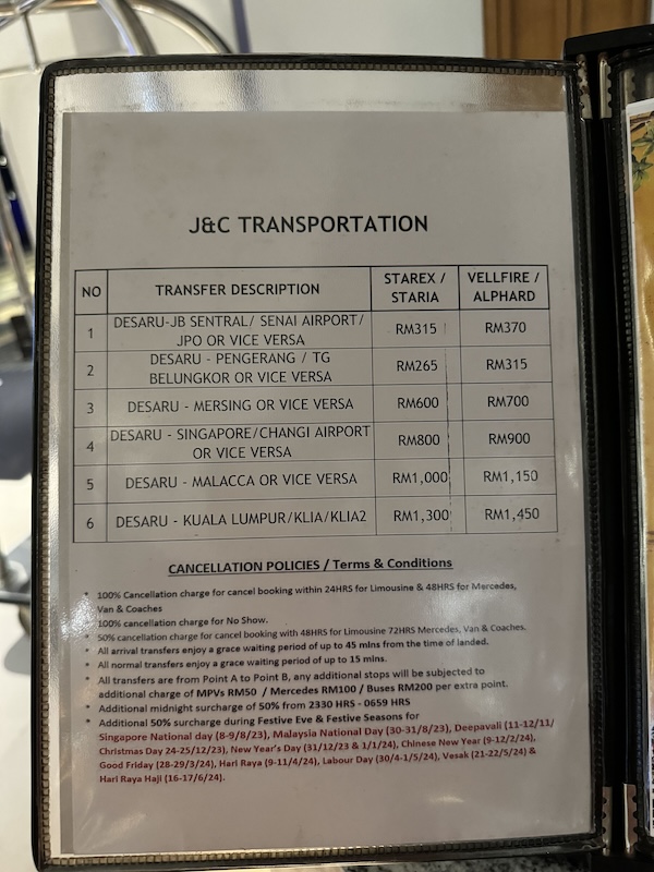 Desaru Coast Hotel Taxi Price List