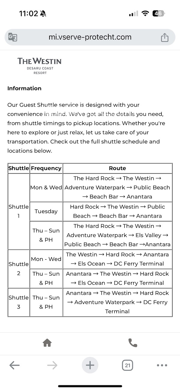 Shuttle bus time table by Westin Resort Desaru Summary